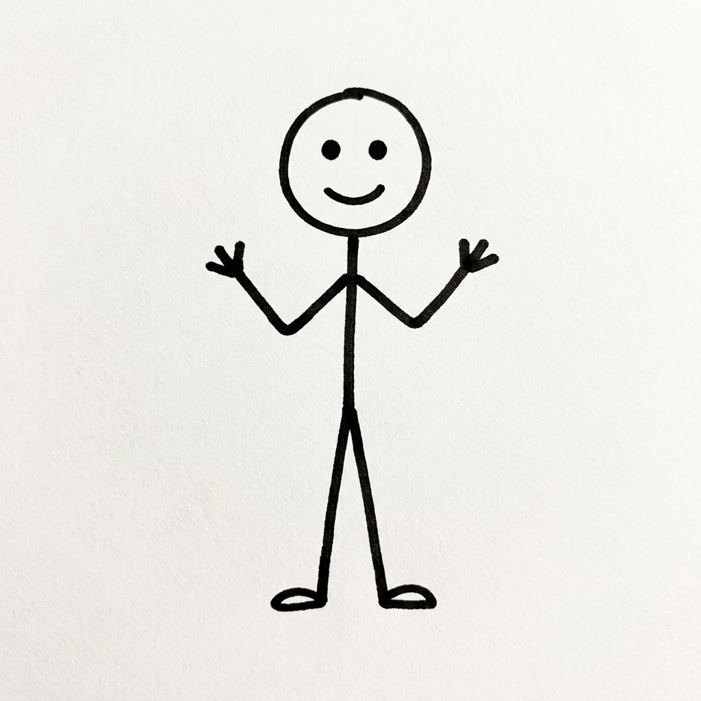 Smiling stick figure with raised hands