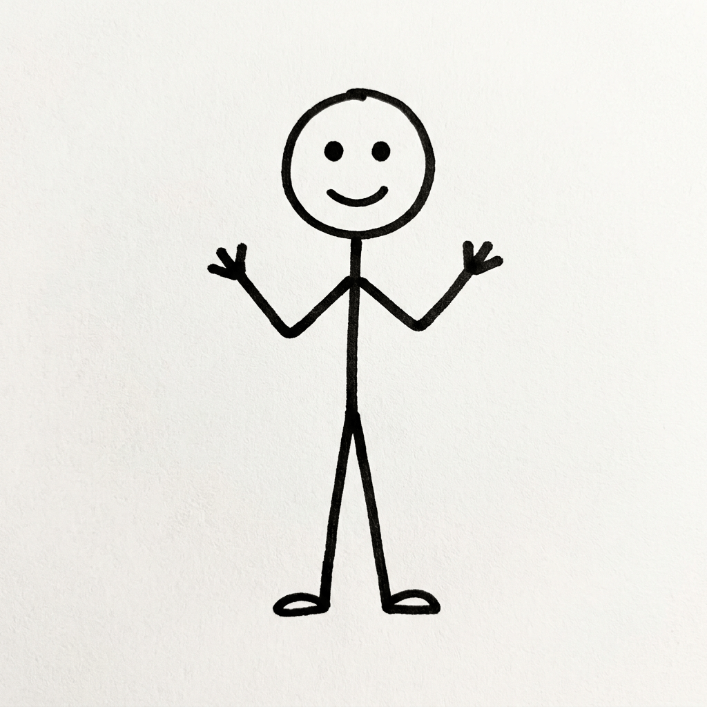 Smiling stick figure with raised hands