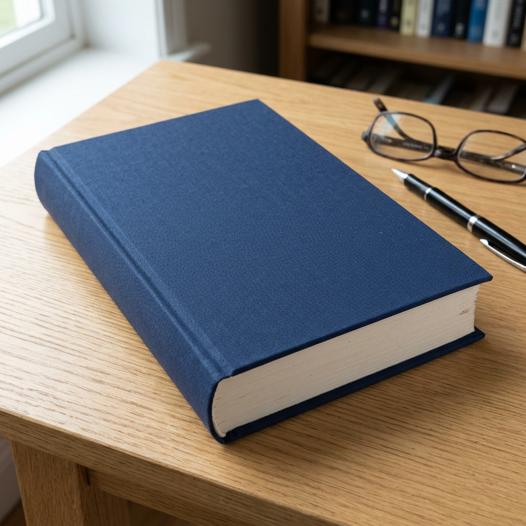 Navy hardcover book with glasses and pen on wooden desk