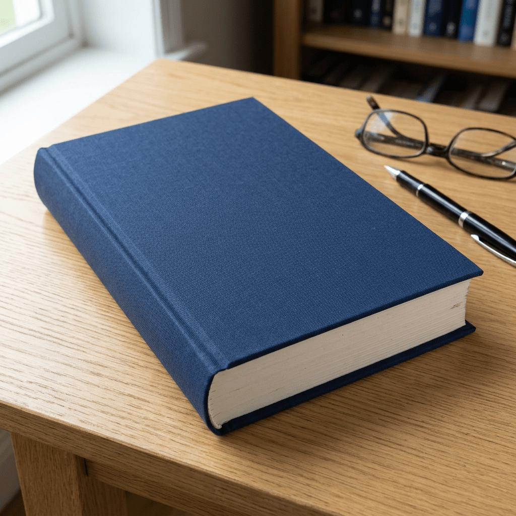 Navy hardcover book with glasses and pen on wooden desk